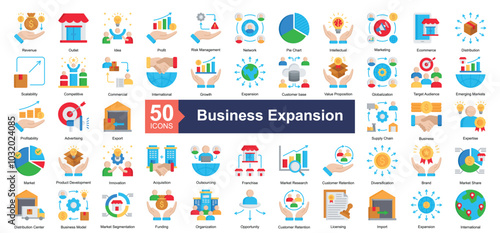Business Expansion icon collection set. Containing Revenue, Outlet, Idea, Profit, Risk Management, Network, Pie Chart, Intellectual, Marketing icon. Simple flat color vector illustration.