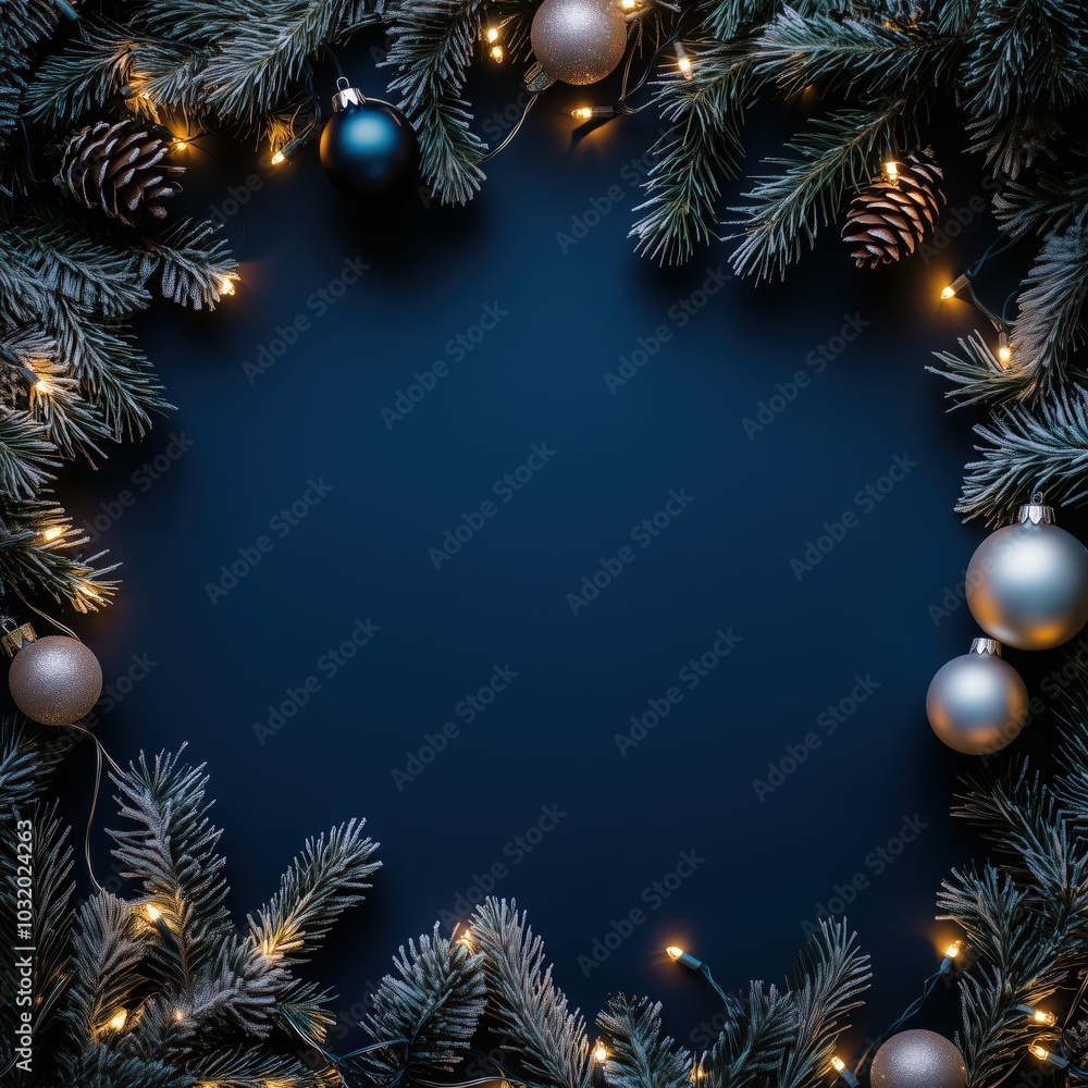 Square Christmas or New Year frame top view, decorative stars, balls and tree branches over blue navy background. Copyspace, place for text Square Christmas or New Year frame top view, decorative stars, balls and tree branches over blue navy background. Copyspace, place for text