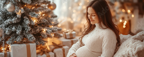 Beautiful smiling pregnant woman with Christmas tree as background. Shallow depth of field. photo