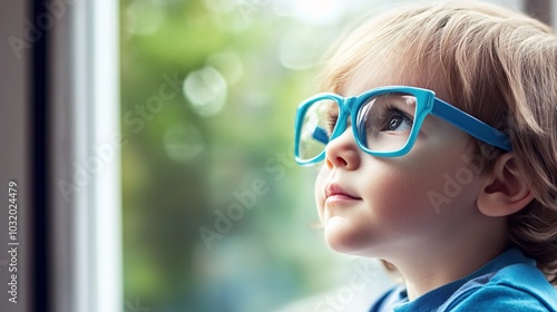 Young child wearing blue glasses focusing on distant tree outside window, symbolizing myopia prevention and importance of outdoor activities.