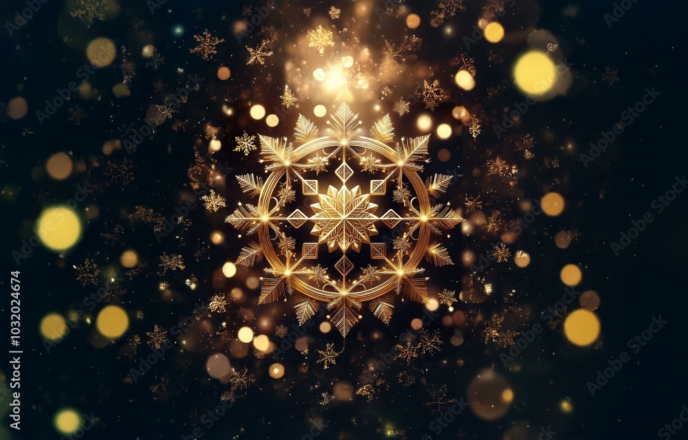 A golden snowflake, with intricate details, shines brightly against a dark background with out-of-focus light. A golden snowflake, with intricate details, shines brightly against a dark background with out-of-focus light.
