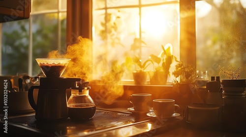 Brewing coffee with steam rising in cozy kitchen sunlight.