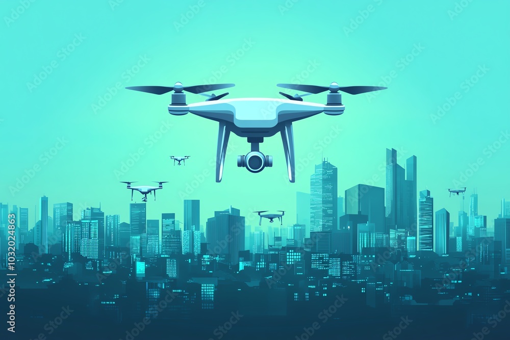 Silhouettes of drones flying over a futuristic cityscape against a blue sky, symbolizing advanced technology and urban development. Silhouettes of drones flying over a futuristic cityscape against a blue sky, symbolizing advanced technology and urban development.