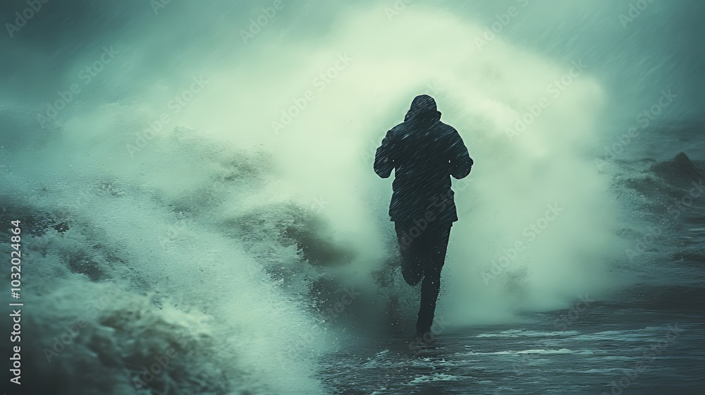 A lone figure runs towards a raging storm on the beach, the waves crashing around them. A lone figure runs towards a raging storm on the beach, the waves crashing around them.