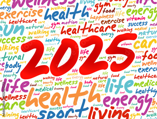 2025 health and sport goals word cloud, motivation concept background