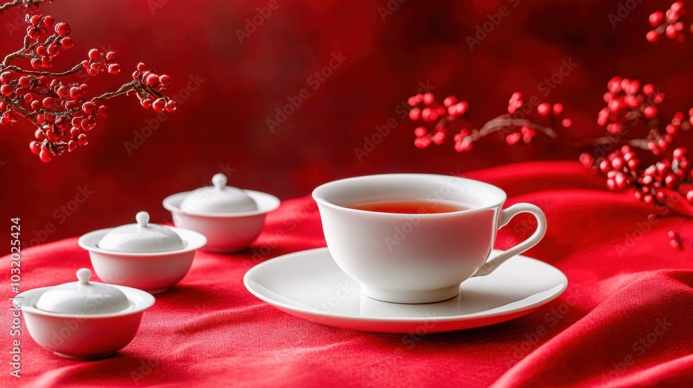 Elegant white tea set on vibrant red silk with decorative berries Elegant white tea set on vibrant red silk with decorative berries