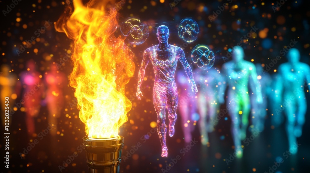 Olympic torchs holographic athletes with medal projections on dark background Olympic torchs holographic athletes with medal projections on dark background