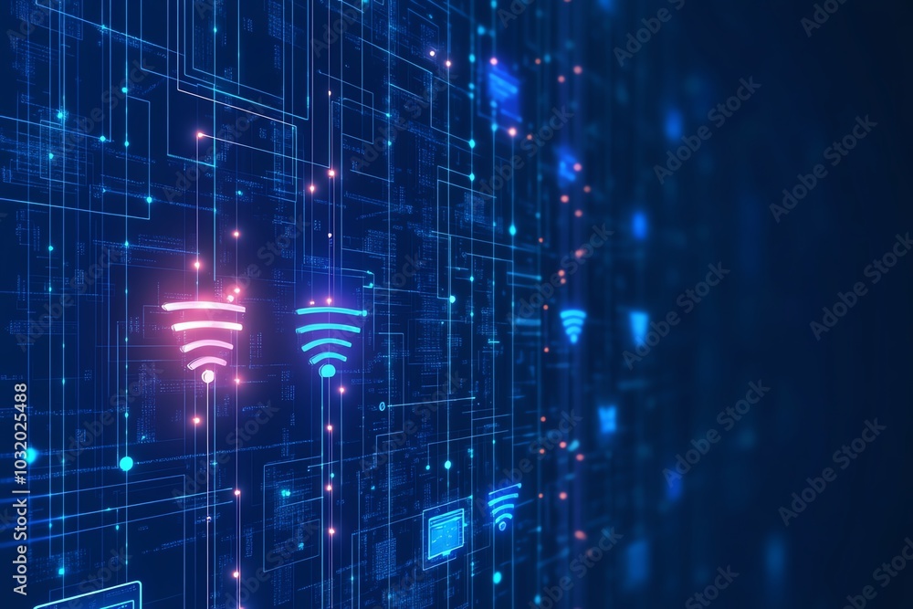 Obraz premium Digital network background with glowing wireless symbols. Technology and communication concept with futuristic grid and blue hues.