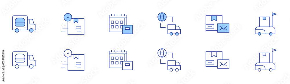 Delivery icon set in two styles, Duotone and Thin Line style. Editable stroke. delivery truck, delivery box, delivery day Delivery icon set in two styles, Duotone and Thin Line style. Editable stroke. delivery truck, delivery box, delivery day