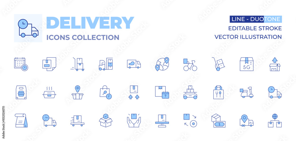 Delivery icons collection. Line Duotone style, editable stroke. purchase, planning, delivery, food delivery, lunch box, packing, cash on delivery, delivery bike, warehouse, trolley, worldwide Delivery icons collection. Line Duotone style, editable stroke. purchase, planning, delivery, food delivery, lunch box, packing, cash on delivery, delivery bike, warehouse, trolley, worldwide