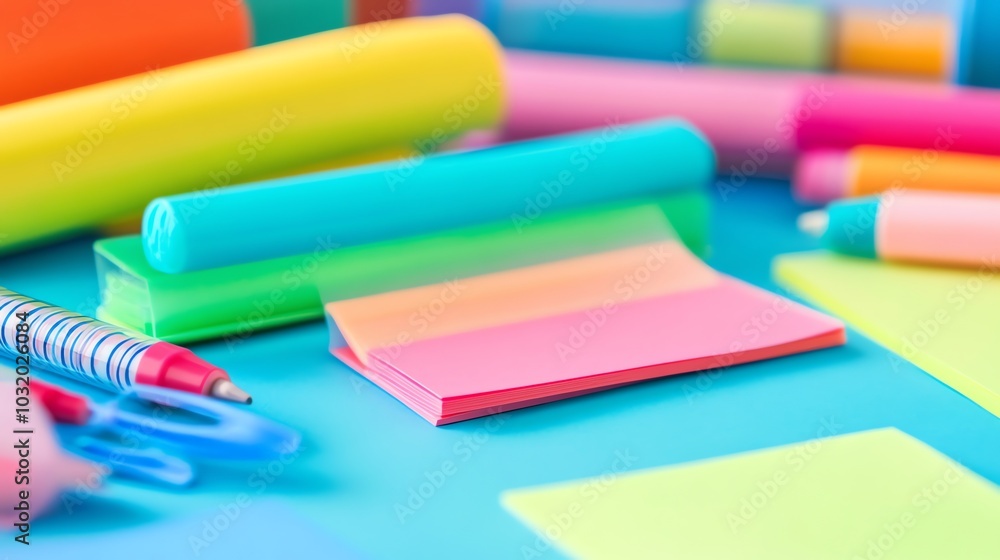 A flat lay of school supplies on a blue surface. A flat lay of school supplies on a blue surface.