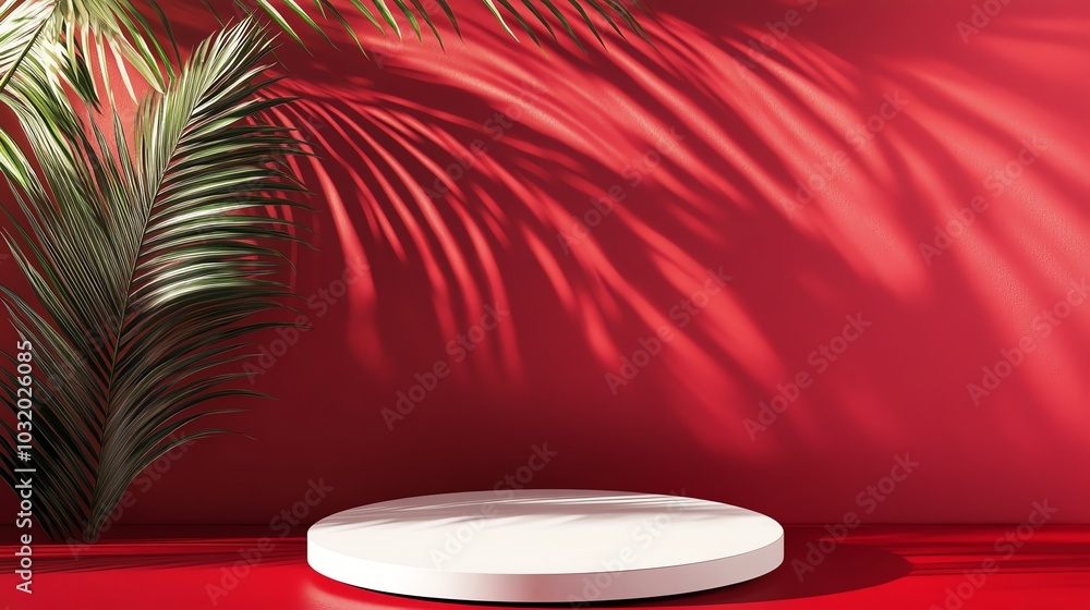 Obraz premium White pedestal with palm leaf shadows on a red background.