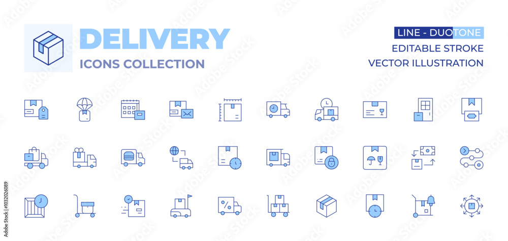 Delivery icons collection. Line Duotone style, editable stroke. cash on delivery, delivery, product, delivery truck, delivery box, delivery time, delivery day, trolley Delivery icons collection. Line Duotone style, editable stroke. cash on delivery, delivery, product, delivery truck, delivery box, delivery time, delivery day, trolley