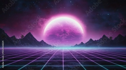 A mystical journey through a vibrant neon landscape under a luminous pink moon with majestic mountains and a gridded horizon perfect for exploration and inspiration