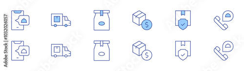 Delivery icon set in two styles, Duotone and Thin Line style. Editable stroke. product, protection, order food, shipment, paper bag
