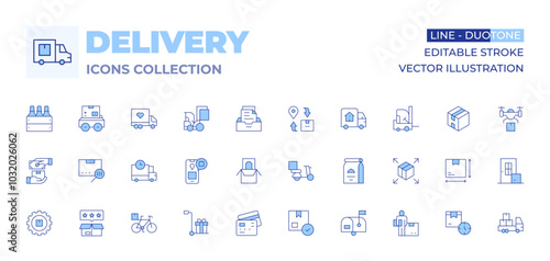 Delivery icons collection. Line Duotone style, editable stroke. cash on delivery, delivery, food package, mailbox, box, credit card payment, barcode, best product, bike