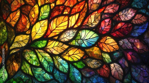 Abstract stained glass pattern of colorful leaves.