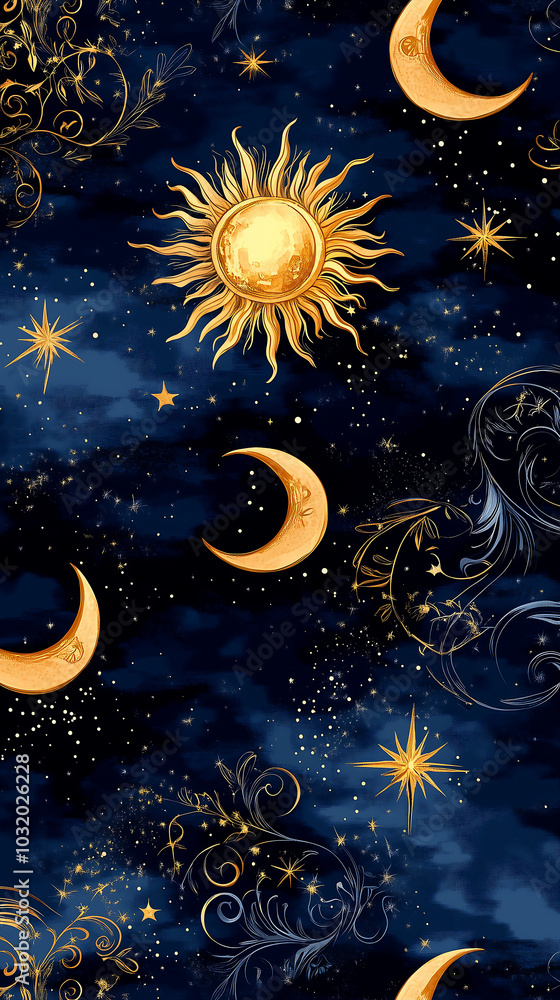 Fototapeta premium A seamless background with a rich blue canvas adorned with radiant golden suns, crescent moons, and twinkling stars