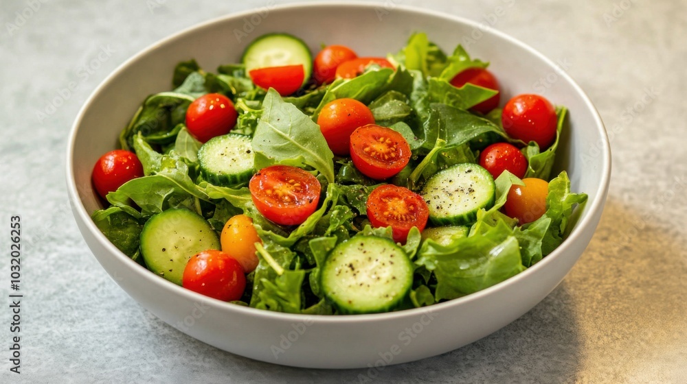 Fresh garden salad with cherry tomatoes, cucumber, and arugula in a white bowl Fresh garden salad with cherry tomatoes, cucumber, and arugula in a white bowl