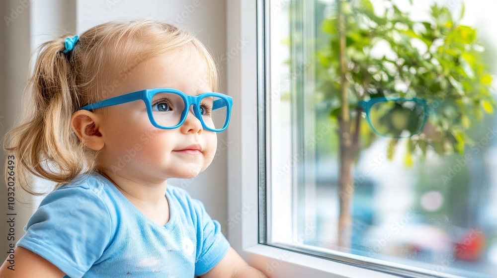Young child wearing blue glasses focusing on distant tree outside window, symbolizing myopia prevention and importance of outdoor activities. Young child wearing blue glasses focusing on distant tree outside window, symbolizing myopia prevention and importance of outdoor activities.