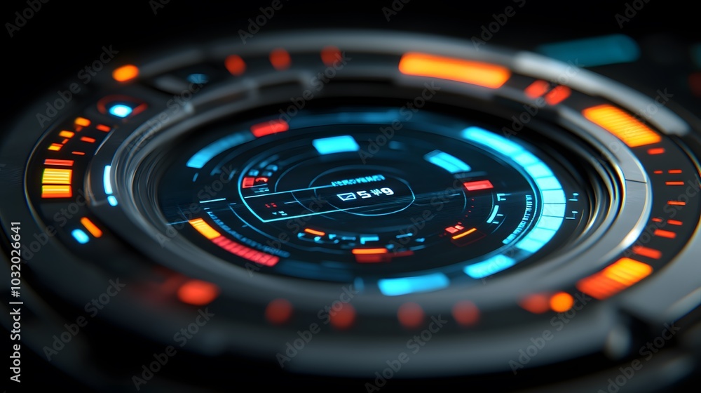 A futuristic interface display featuring intricate circular patterns, glowing elements, and dynamic colors, resembling advanced technology or a sci-fi control panel. A futuristic interface display featuring intricate circular patterns, glowing elements, and dynamic colors, resembling advanced technology or a sci-fi control panel.