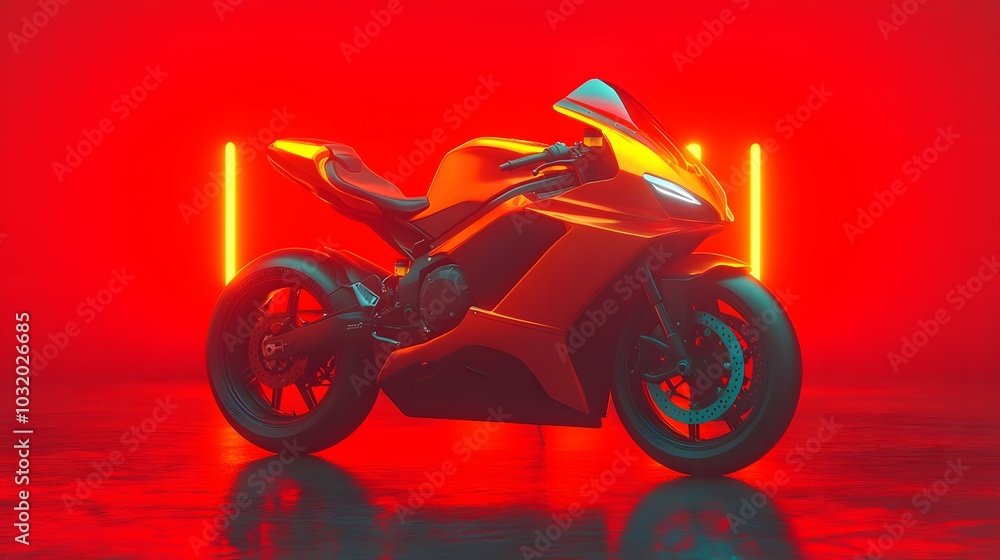 Fototapeta premium A sleek orange motorcycle is illuminated by dramatic red neon lights, showcasing its modern design against a reflective surface.