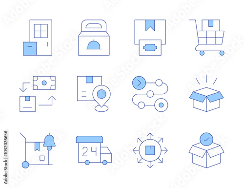 Delivery icons. Line Duotone style, editable stroke. cash on delivery, delivery, product, delivery truck, food delivery, package, purchase, delivery box