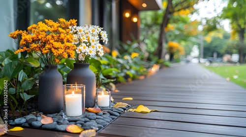 Beautifully decorated home entrance with colorful Diwali lanterns and candles creating a warm inviting and festive atmosphere to celebrate the Indian festival of lights photo