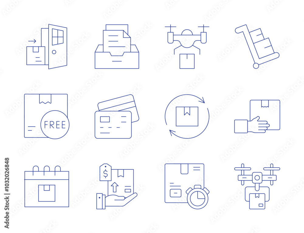 Delivery icons. Thin Line style, editable stroke. door to door, drone delivery, free delivery, on time, renewal, shipping, box, credit card payment, deliver, delivery Delivery icons. Thin Line style, editable stroke. door to door, drone delivery, free delivery, on time, renewal, shipping, box, credit card payment, deliver, delivery