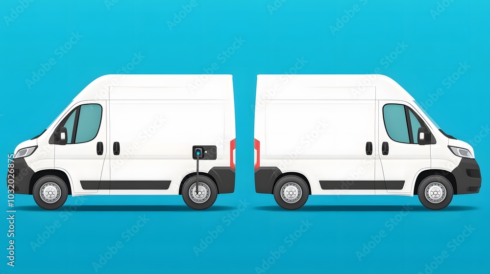 Naklejka premium Two white delivery vans are positioned side by side against a bright blue background, showcasing their modern design and ample cargo space.