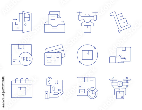 Delivery icons. Thin Line style, editable stroke. door to door, drone delivery, free delivery, on time, renewal, shipping, box, credit card payment, deliver, delivery