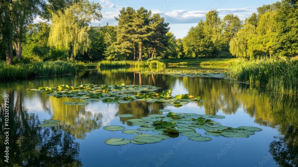 Serene Woodland Pond with Lily Pads and Reflecting Trees Serene Woodland Pond with Lily Pads and Reflecting Trees