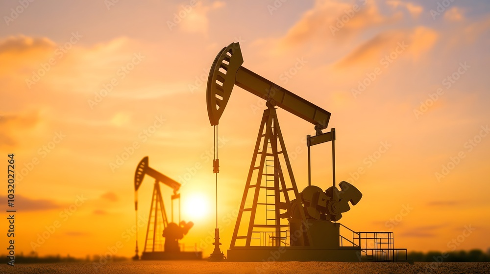 Silhouettes of oil pumps against a vibrant sunset, symbolizing energy production and the oil industry. Silhouettes of oil pumps against a vibrant sunset, symbolizing energy production and the oil industry.