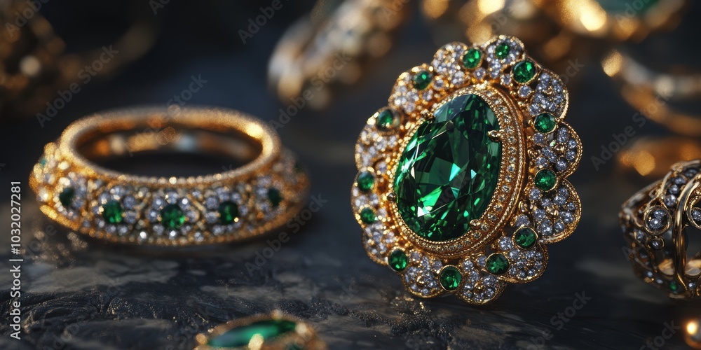 Gold jewelry with large emerald gemstone. Gold jewelry with large emerald gemstone.
