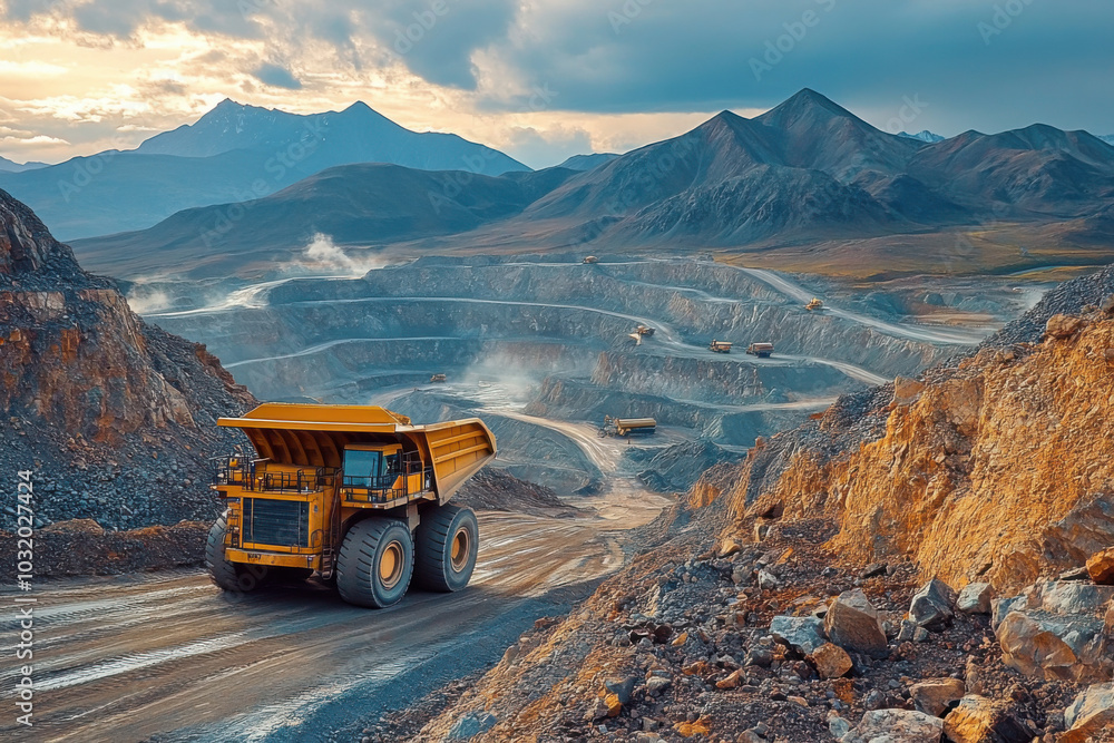 Mining operation extracting critical raw materials from a vast open pit in mountainous terrain during daylight hours Mining operation extracting critical raw materials from a vast open pit in mountainous terrain during daylight hours