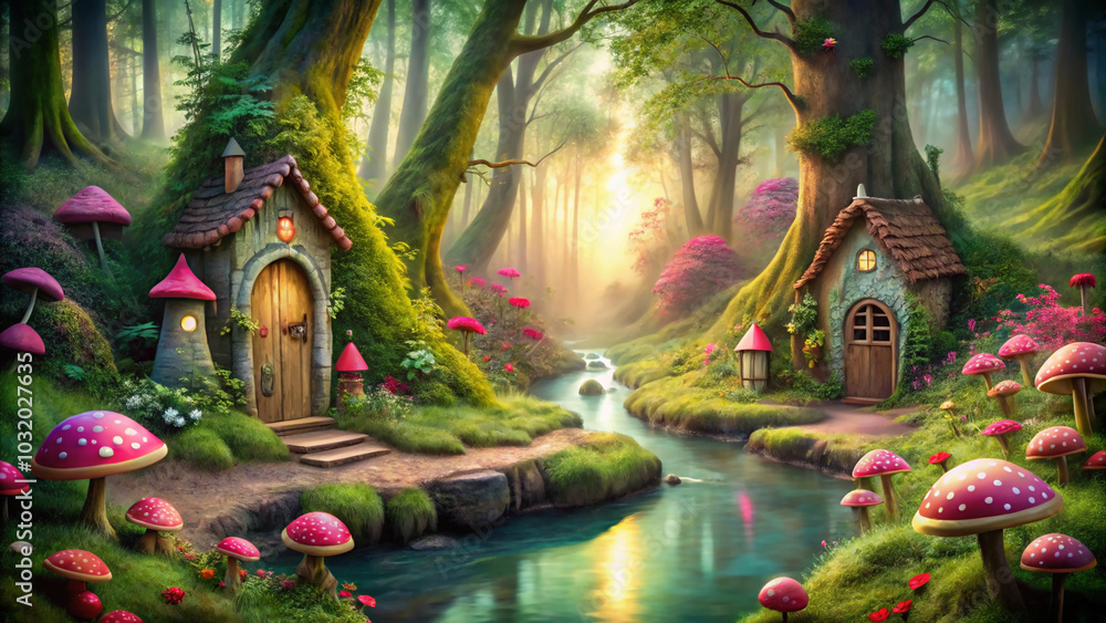 Obraz premium A whimsical cottage nestled amidst a magical forest, grass bathed in the golden glow of a setting sun park