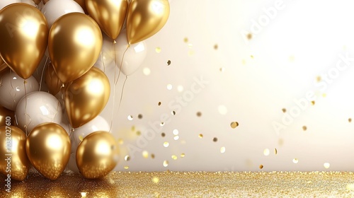 Golden And White Balloons With Confetti On A Shiny Golden Surface, Celebration And Party Concept