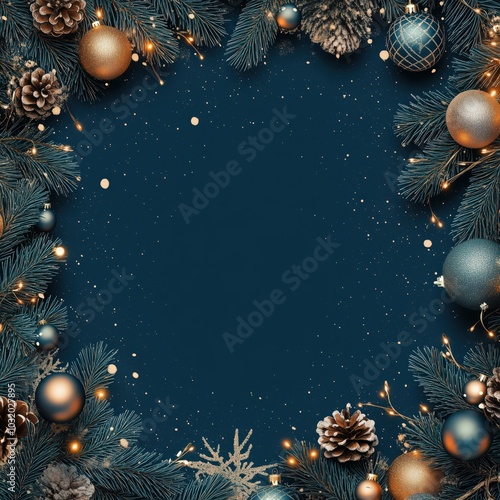 Square Christmas or New Year frame top view, decorative stars, balls and tree branches over blue navy background. Copyspace, place for text