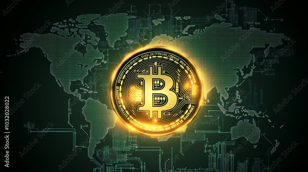Digital representation of a Bitcoin coin overlaid on a global map background, symbolizing cryptocurrency's worldwide impact. Digital representation of a Bitcoin coin overlaid on a global map background, symbolizing cryptocurrency's worldwide impact.