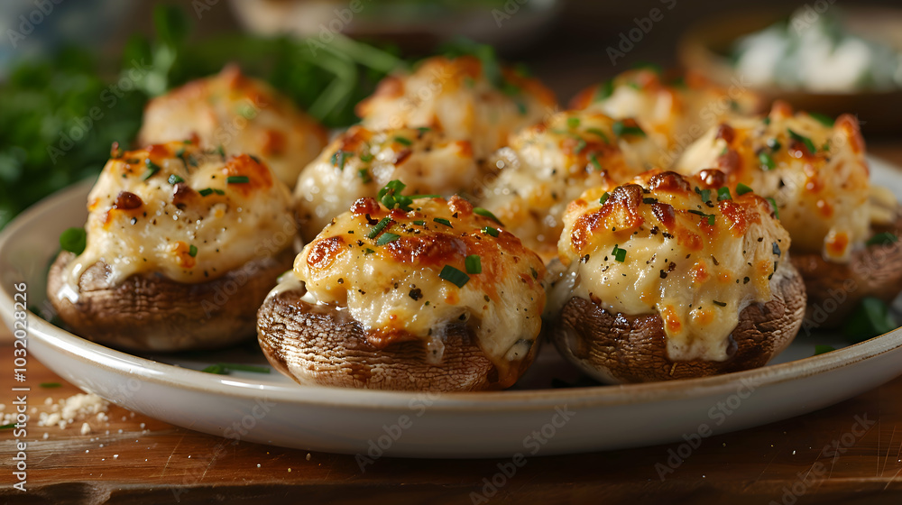 A plate of stuffed mushrooms with a creamy cheese filling A plate of stuffed mushrooms with a creamy cheese filling