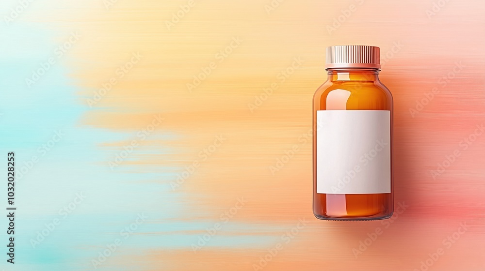 custom made wallpaper toronto digitalAmber glass medicinal bottle with a blank label. Soft gradient background in orange and blue.