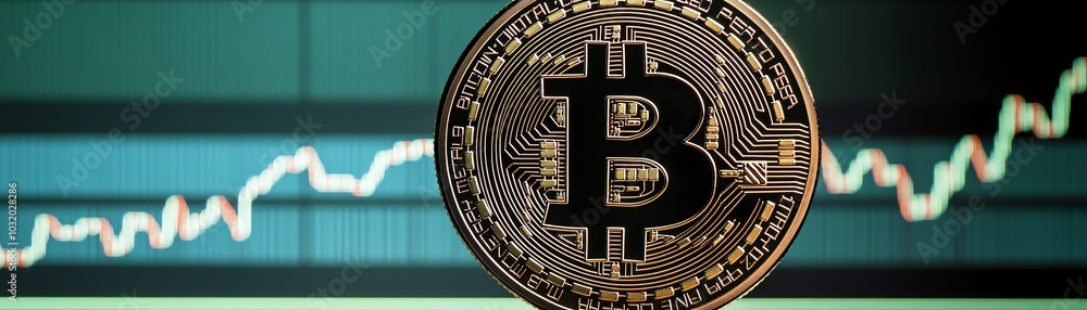 Close-up of a Bitcoin coin against a background of a fluctuating stock market chart, symbolizing digital currency and investment trends. Close-up of a Bitcoin coin against a background of a fluctuating stock market chart, symbolizing digital currency and investment trends.