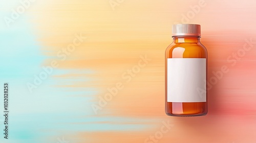 Wallpaper Mural Amber glass medicinal bottle with a blank label. Soft gradient background in orange and blue. Torontodigital.ca