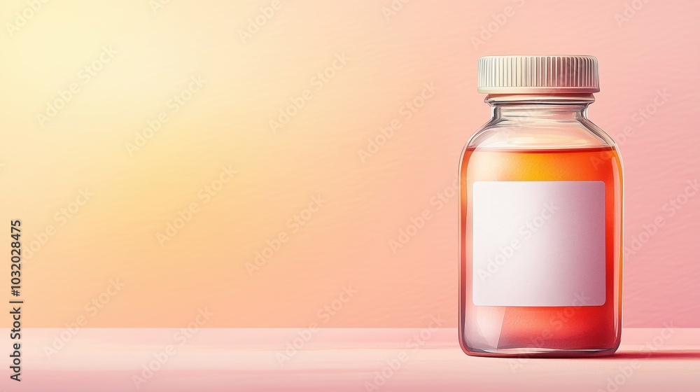 Clear glass medicine bottle with a pink liquid and white label on a soft gradient background.