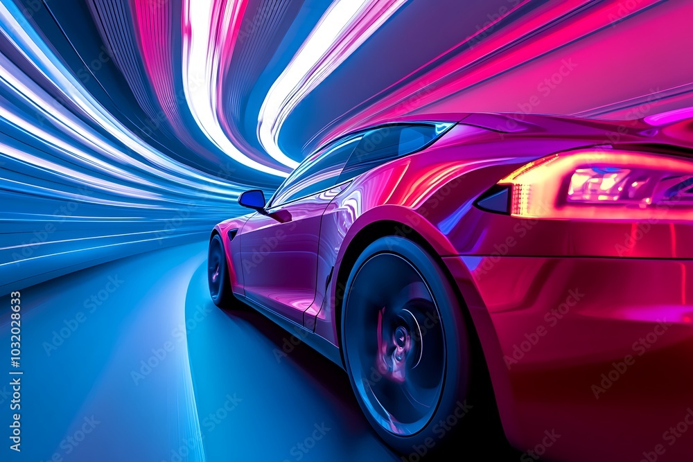 Sports Car Driving at on a Road on High Speed, Racing Through the Colorful Dark Tunnel With Lights Reflecting Everywhere. Dark Supercar Driving Fast on Highway. Sports Car Driving at on a Road on High Speed, Racing Through the Colorful Dark Tunnel With Lights Reflecting Everywhere. Dark Supercar Driving Fast on Highway.