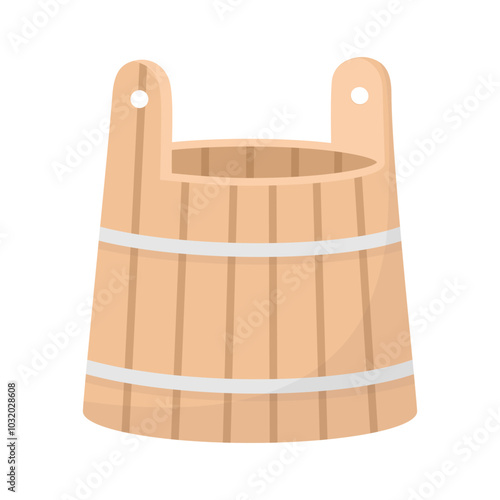 Wooden bucket flat style illustration. Sauna, bathhouse, spa object, design element isolated on white.