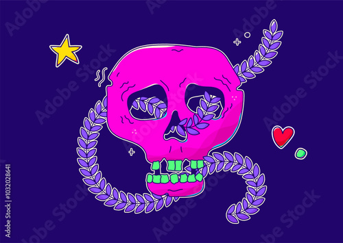 Neon color doodle groovy scull sticker. Punk kawaii elements.