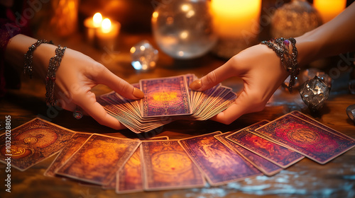 A close-up of a fortune teller’s hands with painted nails and various rings, as she lays down a tarot card on a dark wooden table