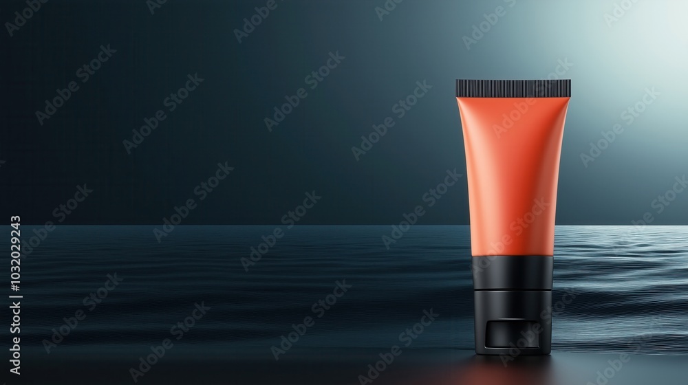 Premium orange cosmetic tube on a calm water surface, soft shadows, elegant design. Premium orange cosmetic tube on a calm water surface, soft shadows, elegant design.