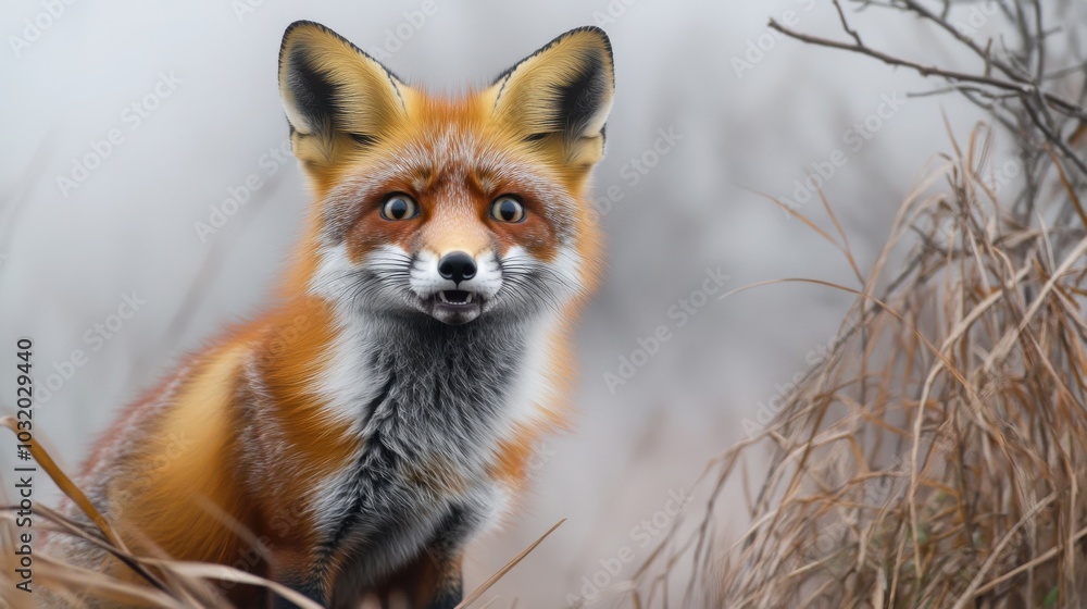 Fototapeta premium Red fox sitting in foggy grass, morning outdoors concept of wildlife and autumn scenery